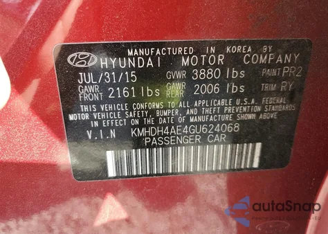 2016 Hyundai Elantra Se z USA, uszkodzony, nr VIN KMHDH4AE4GU624068